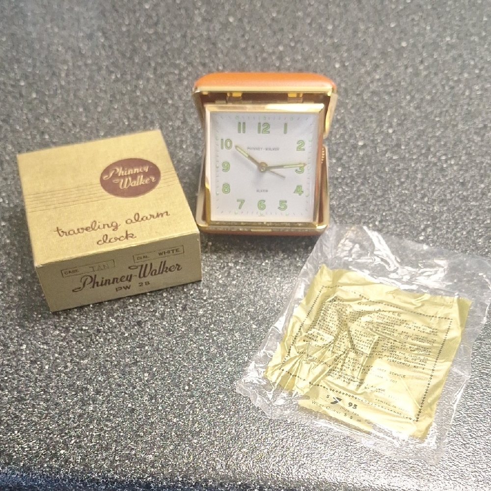 Vtg Phinney-Walker Traveling Alarm Clock PW28 Original Box & Bag Tan White Dial